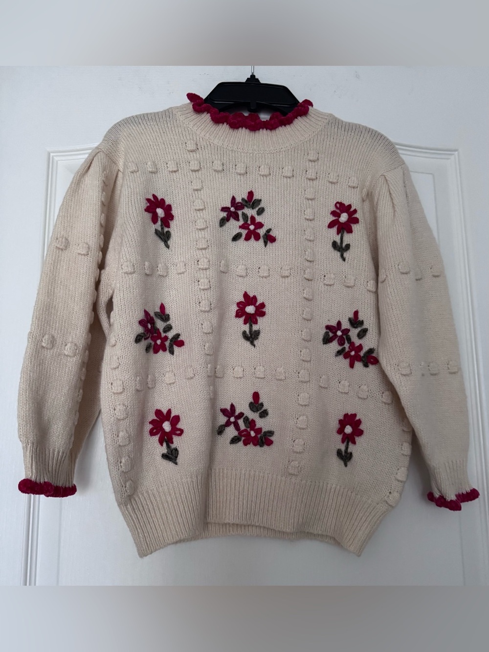 Zara Cream Knit Sweater with Pink Floral Embroidery